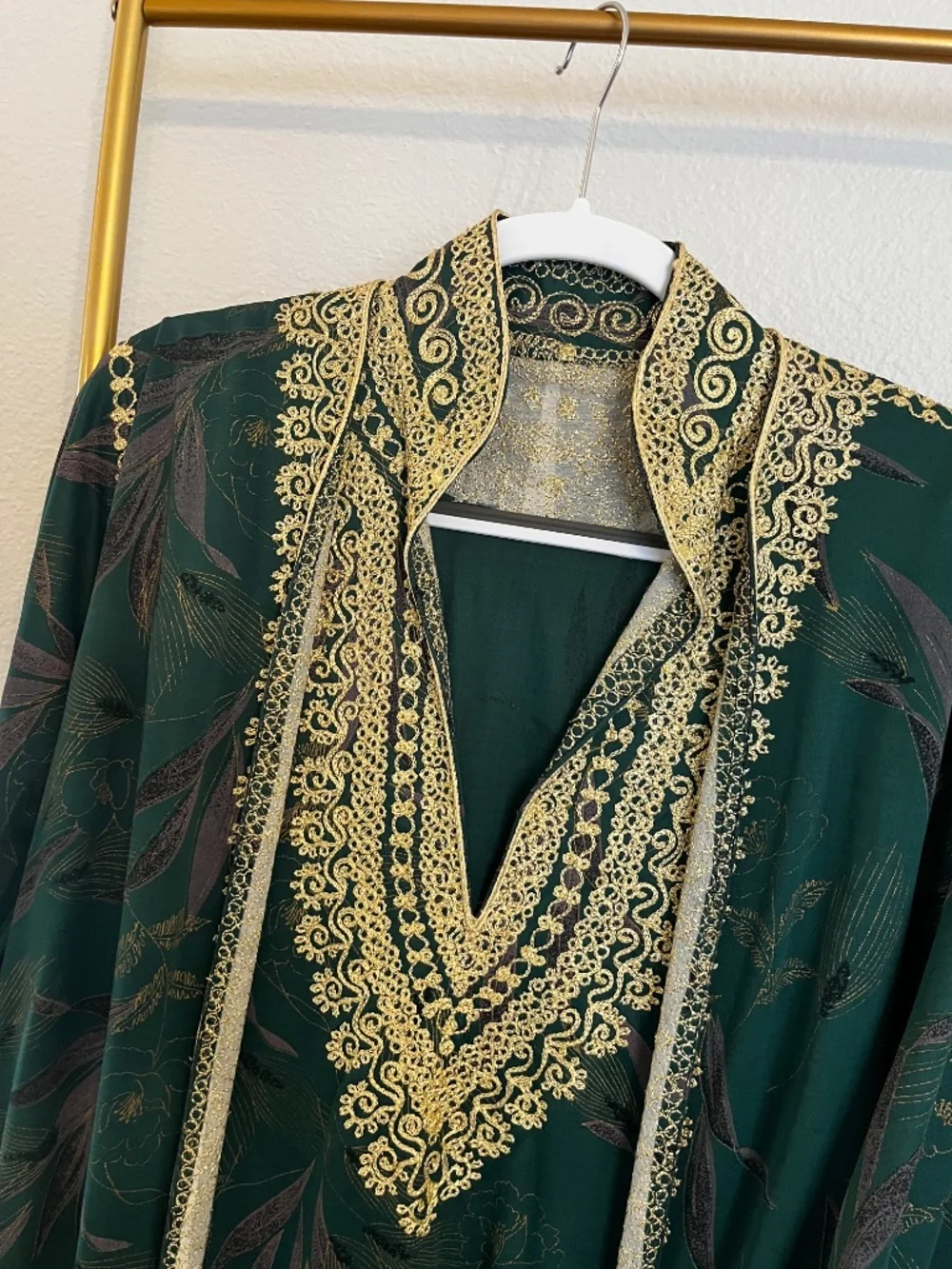 Vintage Emerald Green Embroidered 3 Piece Kaftan Set Maxi Dress Robe Scarf